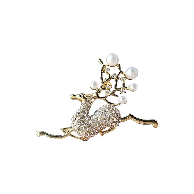 Running Reindeer Brooch Pin Rhinestone Imitation Pearl Animal Pin Christmas gift
