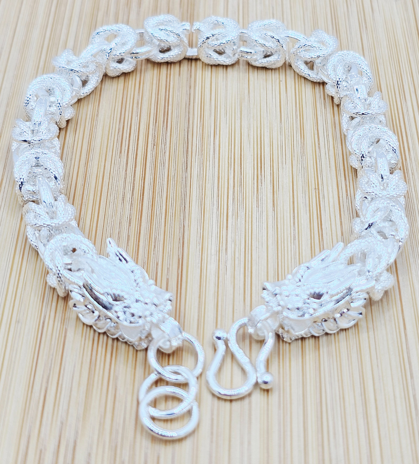 Bracelet 8.5-9.5 in .925 Sterling Silver Byzantine Link Double Dragon Head 35 gr