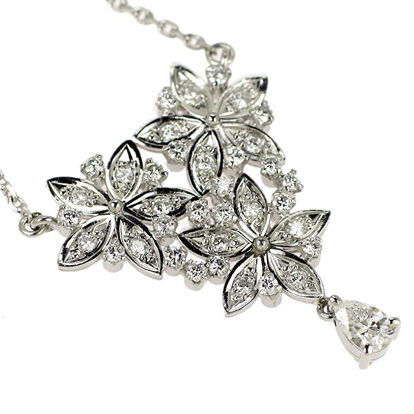 Pt900 Pear Shape Diamond Pendant Necklace 0.30ct D0.57ct Flower – Auth free ship