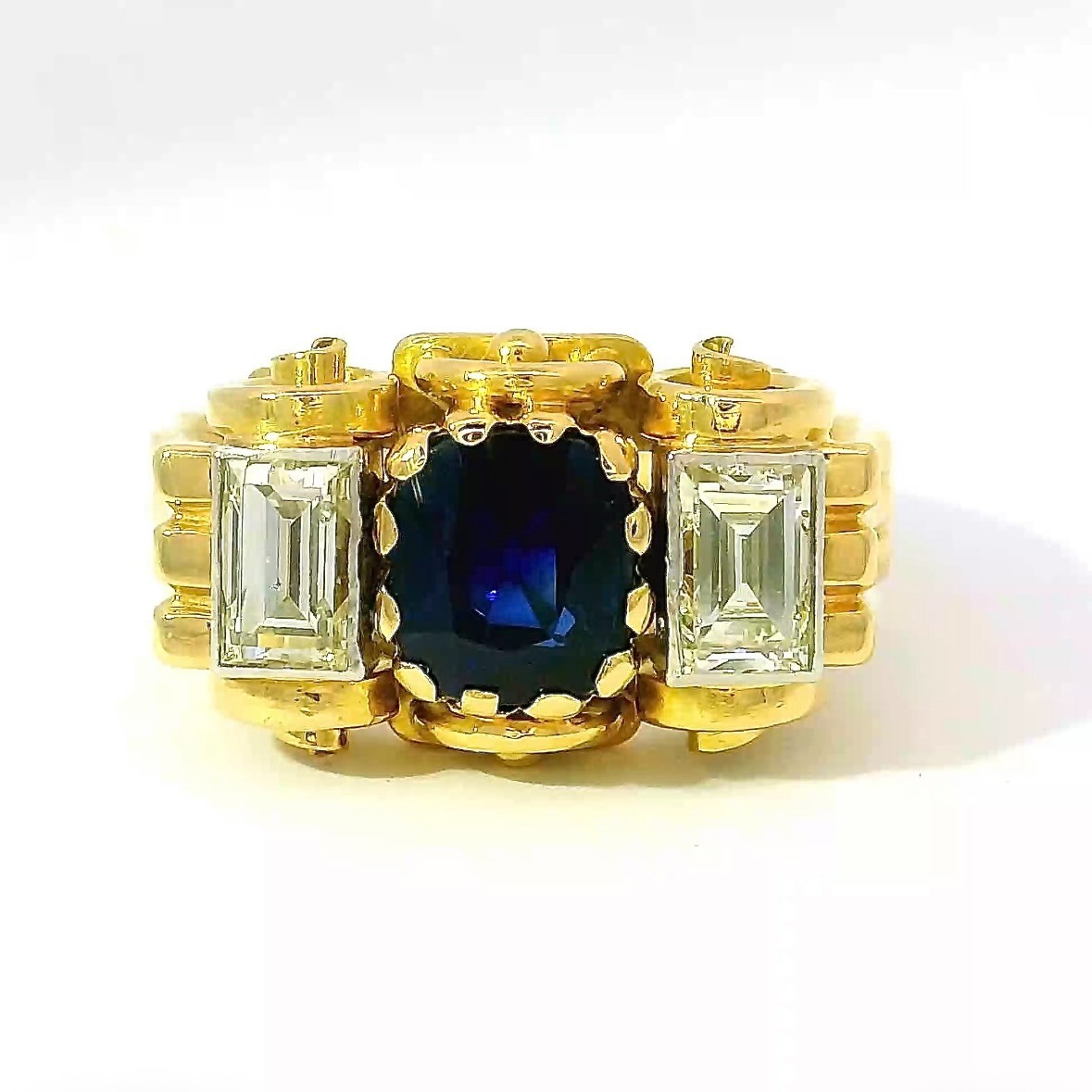 Handmade 18ct Yellow Gold Ring with Blue Sapphire & Diamond Baguettes