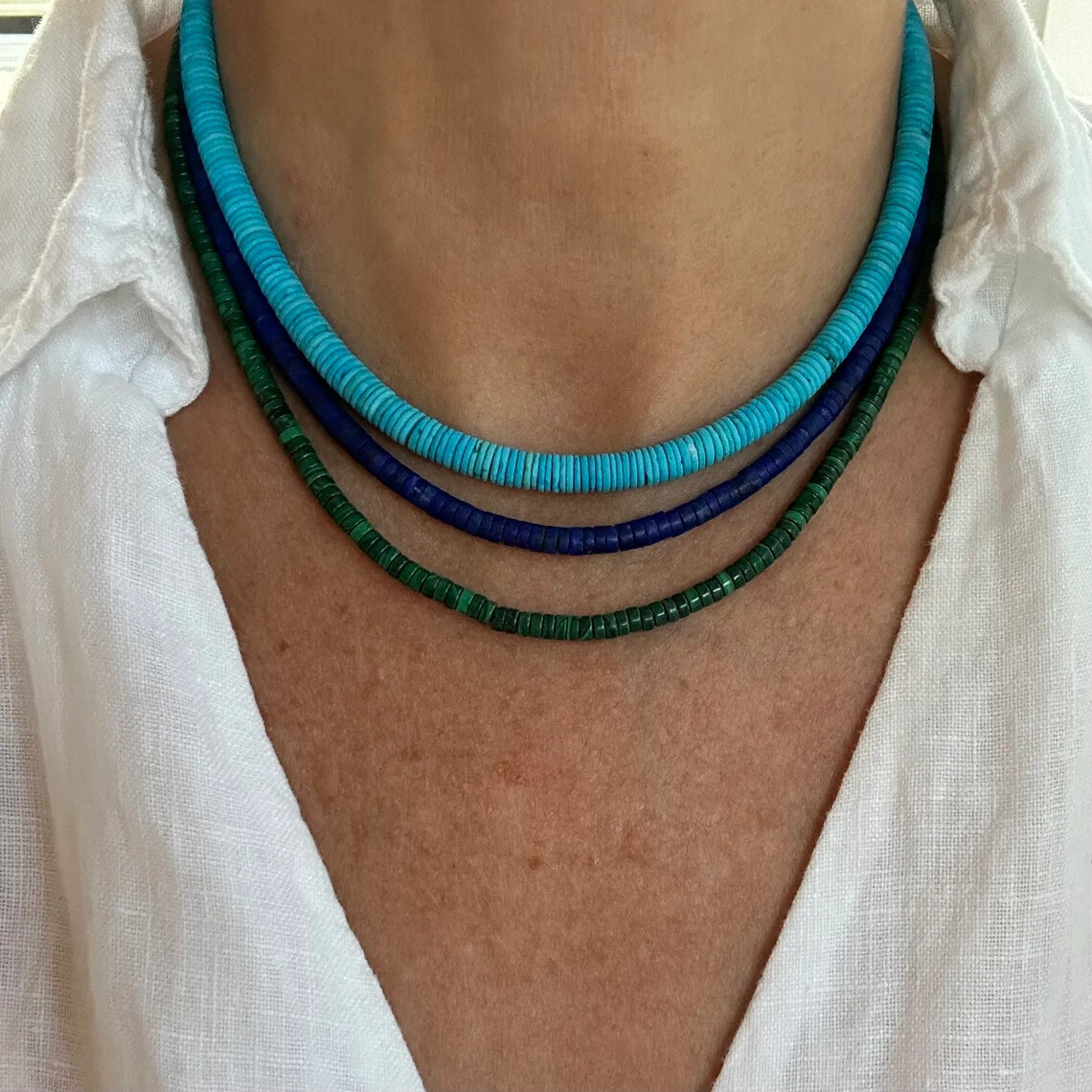 Blue Lapis Heishi Necklace, 4mm Thin Royal Blue Beaded Gemstone Layering Choker