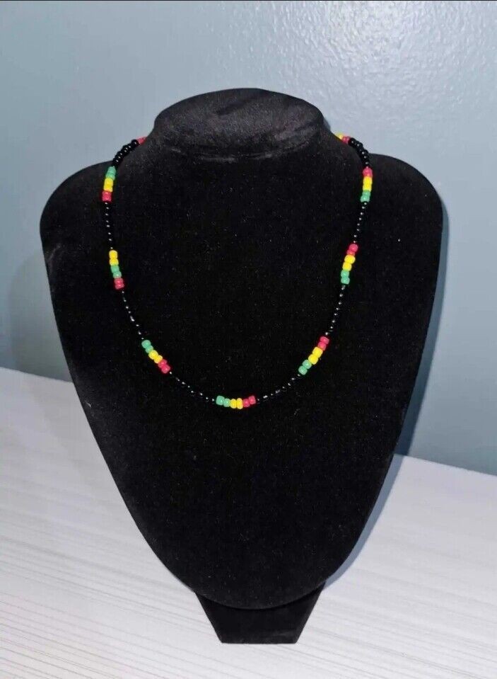 Rasta Jamaica Glass Seed Bead Necklace Bead Chain Black Green Yellow Red 18″