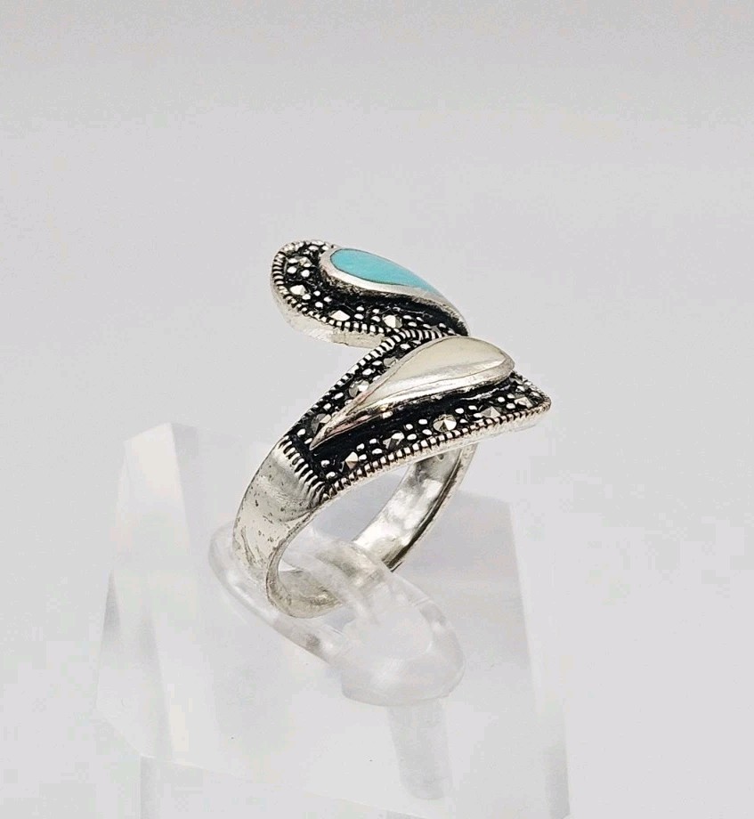 Marsala Manufacturing MC Sterling Silver Turquoise, MOP & Marcasite Ring Size 7