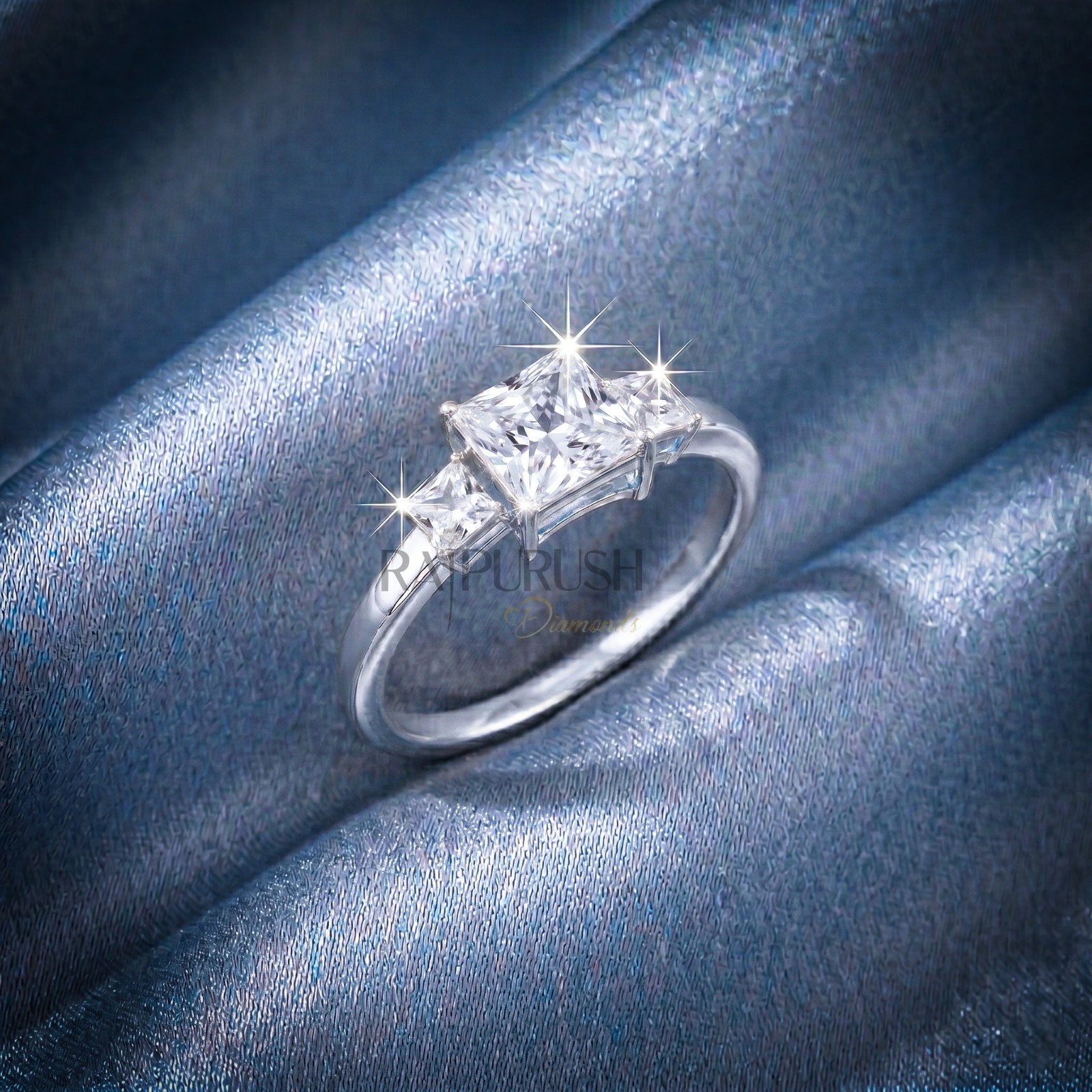 Princess Cut Moissanite Three Stone Engagement Ring – 14k Gold Plated Silver