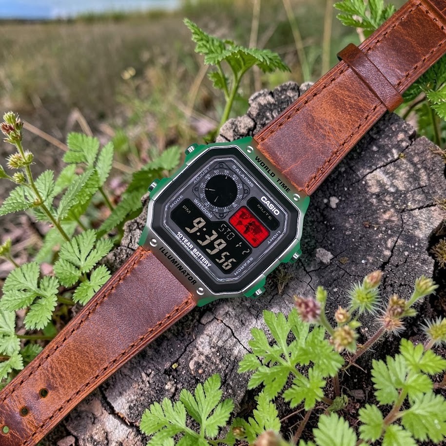 CASIO AE-1200WHD. Royale Watch Mod. Leather Band Negative Display. RED World Map