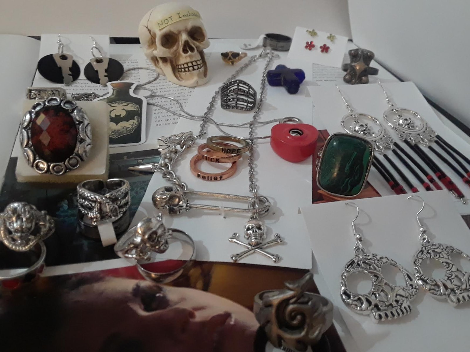 Punk, Goth, Emo, Mixed Jewelry Lot – Skull Safety pin & Red Pad lock necklace