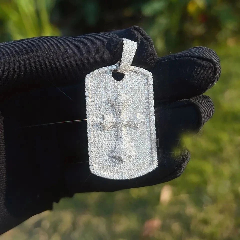 3 Ct Natural Moissanite Cross Dog Tag Pendant 14K White Gold Plated Silver