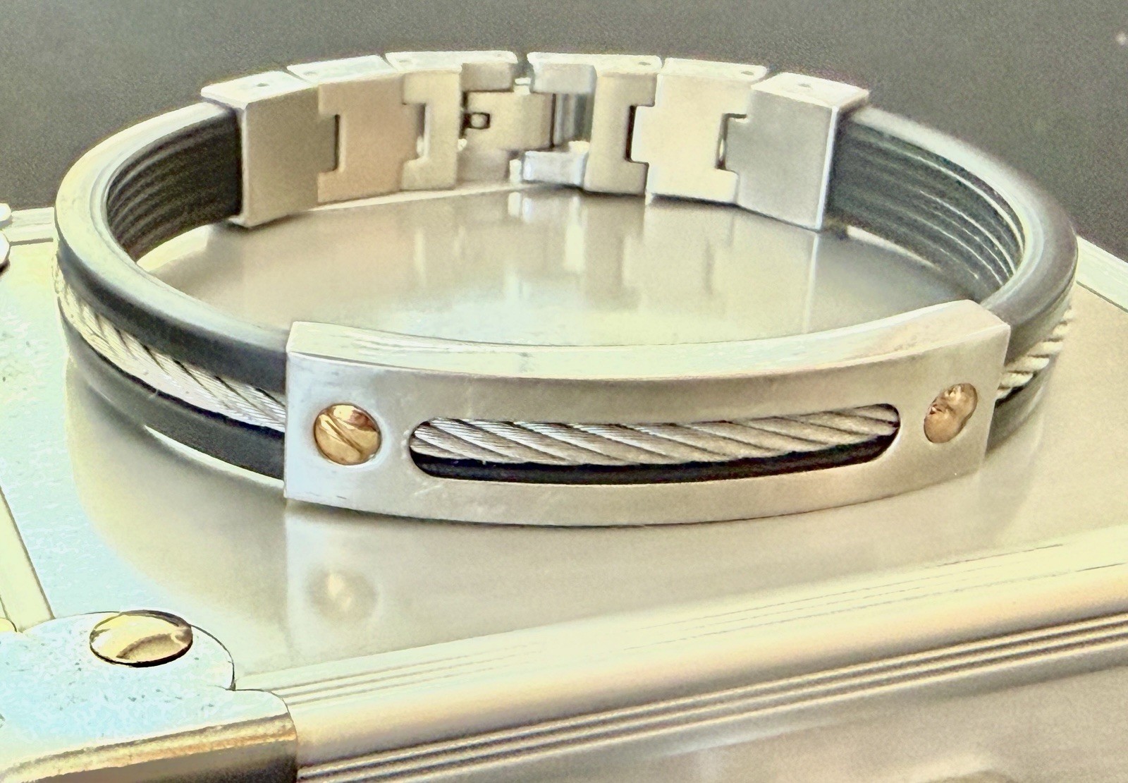 Triton Mens Bracelet Stainless Steel & Black Rubber 14K Gold Screws Cable Inlay
