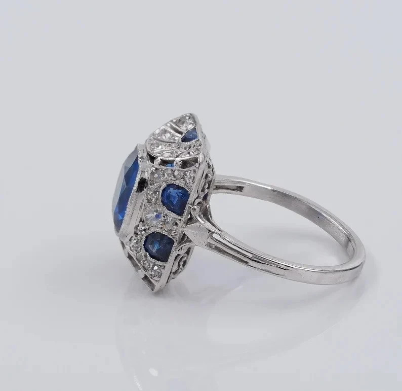 Art Deco Style Sapphire & Lab Created Diamond 14K White Gold FN Engagement Ring