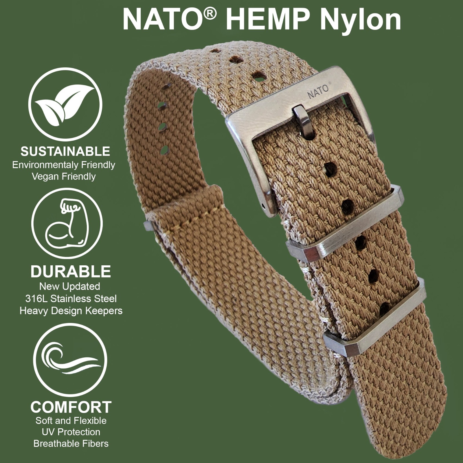 NATO® Hemp Eco Friendly Heavy Nylon Watch strap Breathable Ultra Soft Flexible