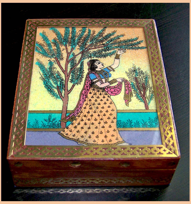 GEMSTONE PAINTING DESIGNER WOOD BRASS JEWELRY BOX INDIA