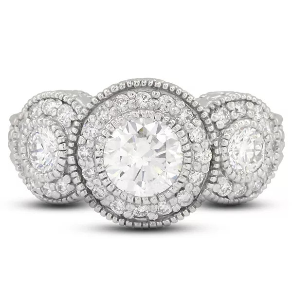 3-Stone Engagement Ring 14K Gold Vintage 2.14 CT Round Lab-Grown Diamond F VS1