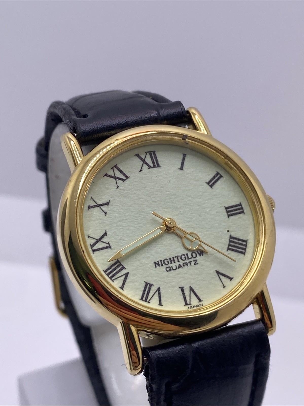 Unisex Night Glow Full Lume Gold Tone Black Leather Unisex Watch Works New Batte
