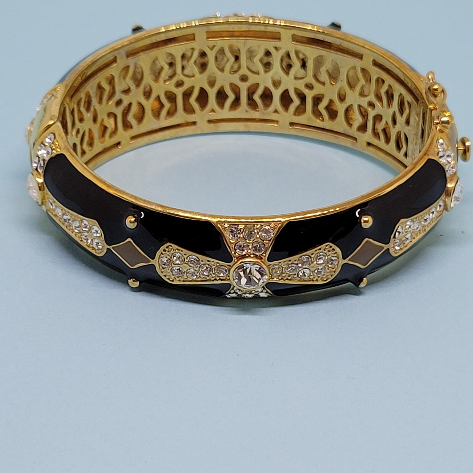 Joan Boyce Gold Tone Black Enamel Crystal Maltese Cross Hinged Bangle Bracelet