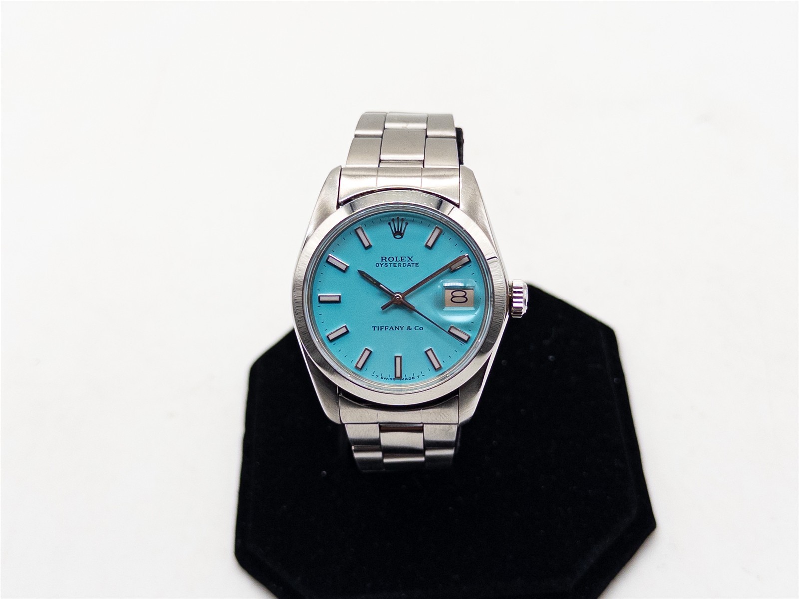 Estate $13,000 BLUE Tiffany & Co 34mm OysterDate ROLEX SS Mens Watch SERVICED