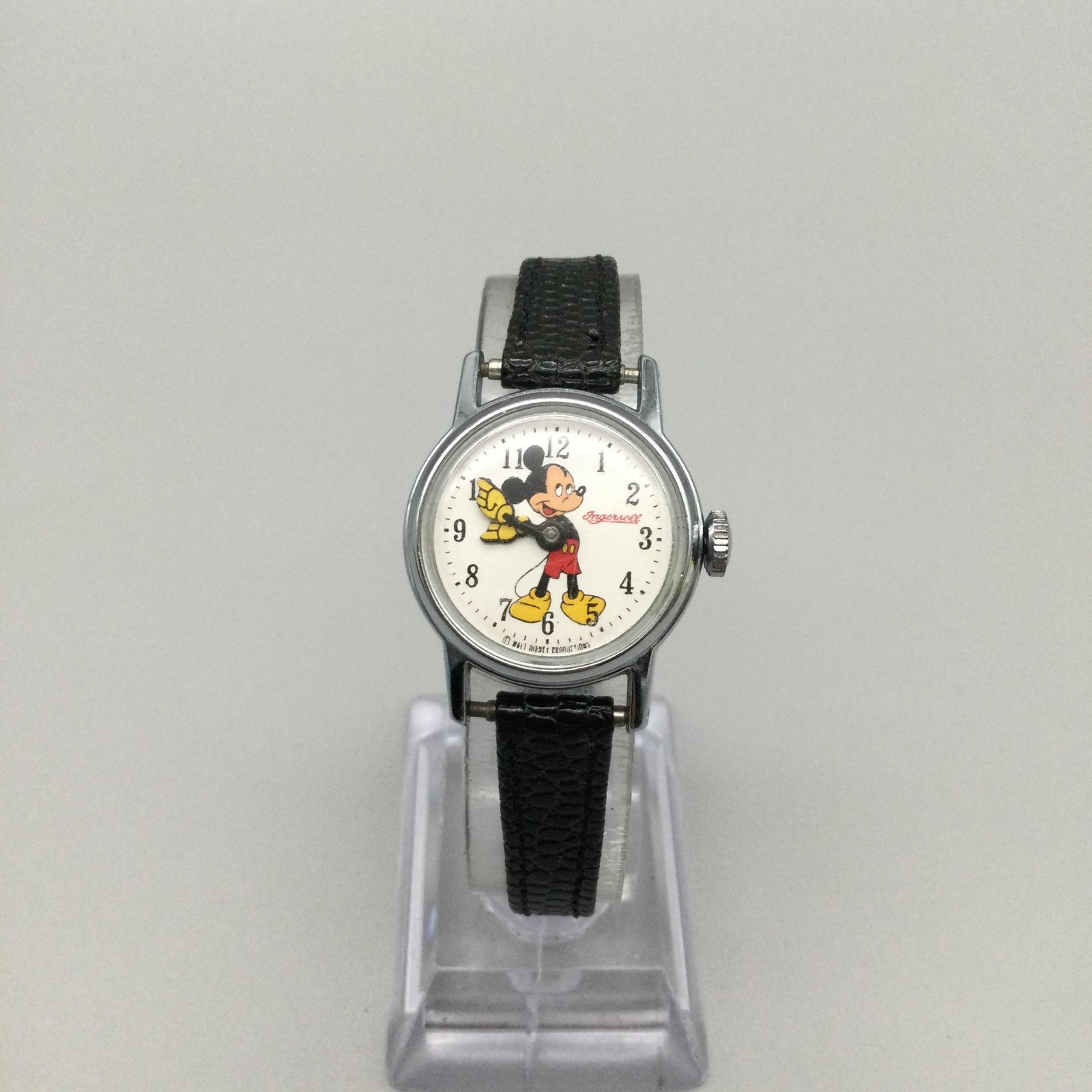 Vintage Ingersoll Disney Boys Watch 24mm Mickey Mouse Manual Wind Black Strap