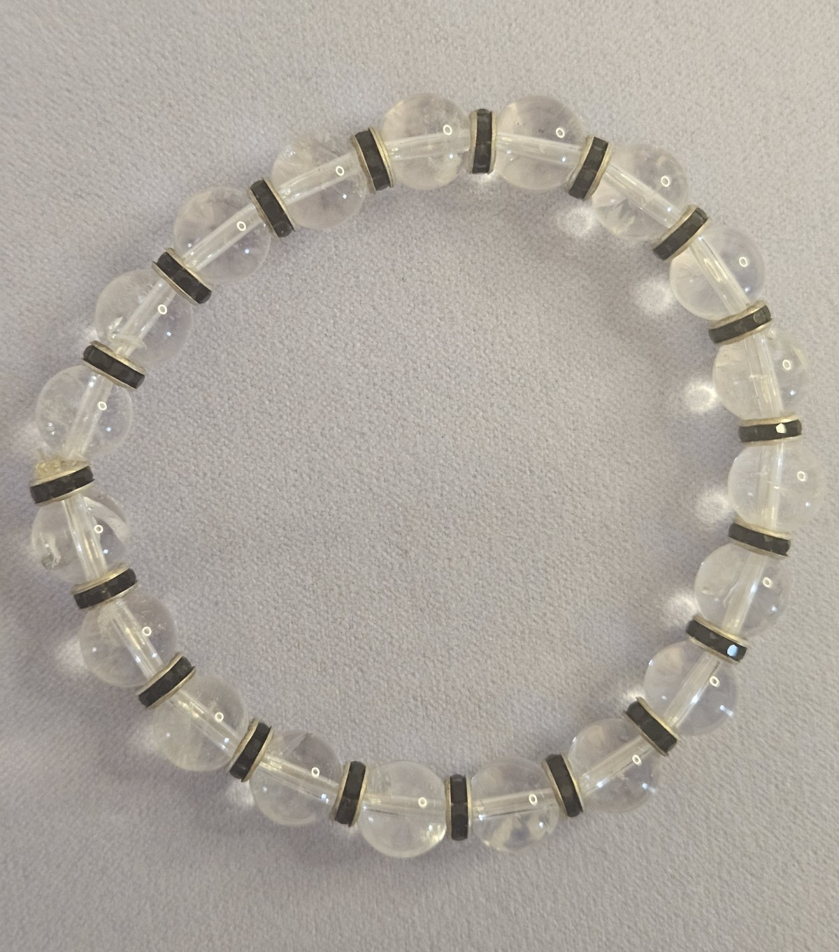 Crystal Clear Quartz Round Bead Stretch Bracelet w Black Rhinestone Spacer Rings