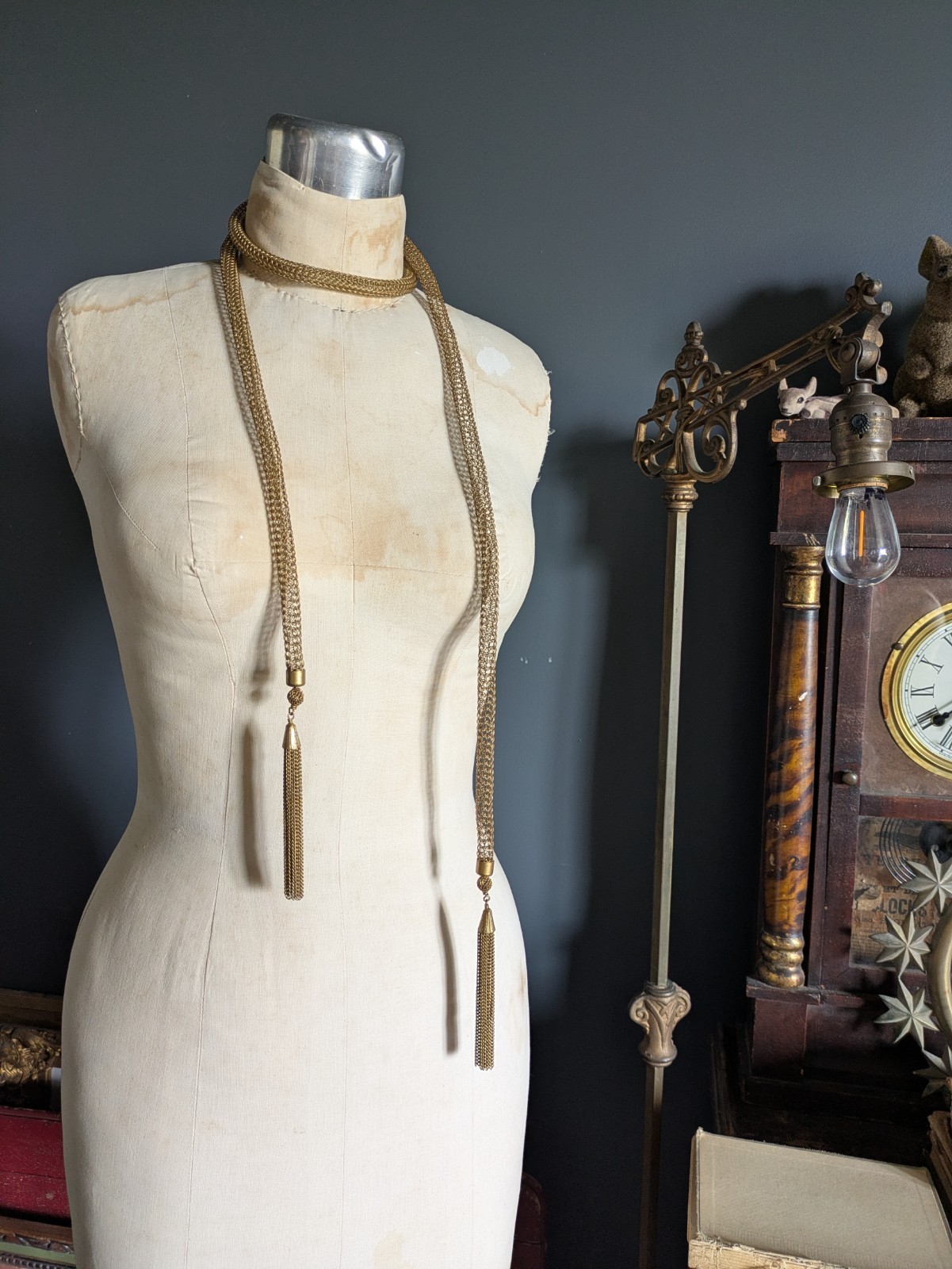 Vintage Brass Gold Tone Mesh Knitted Metal Wire Tassel Necklace Or Belt 55″