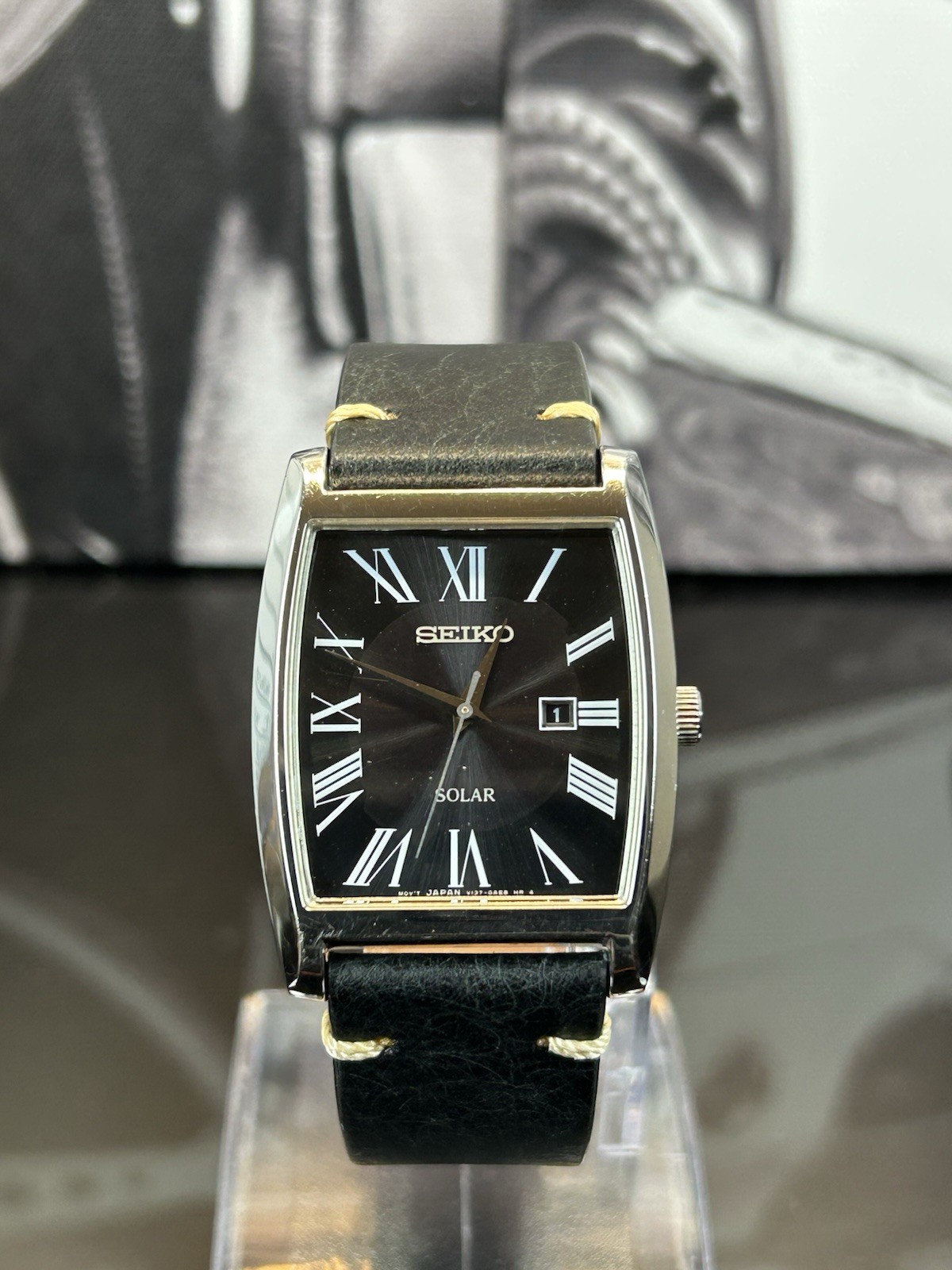 Seiko Solar Tank V137-0AC0 Black Roman Dial – Upgraded Strap – The Rusty Goats
