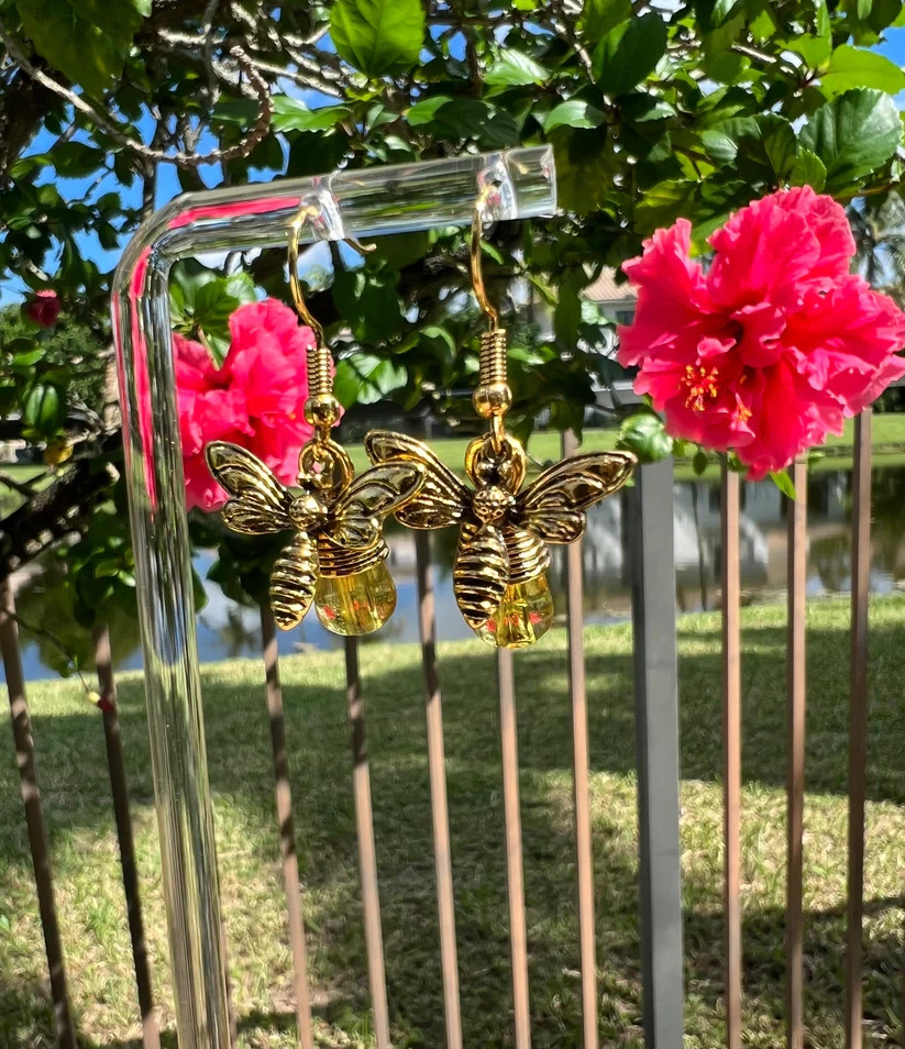 Vintage Bee Earrings Women Gold Amber Drop Dangle Boho Antique Style Gift