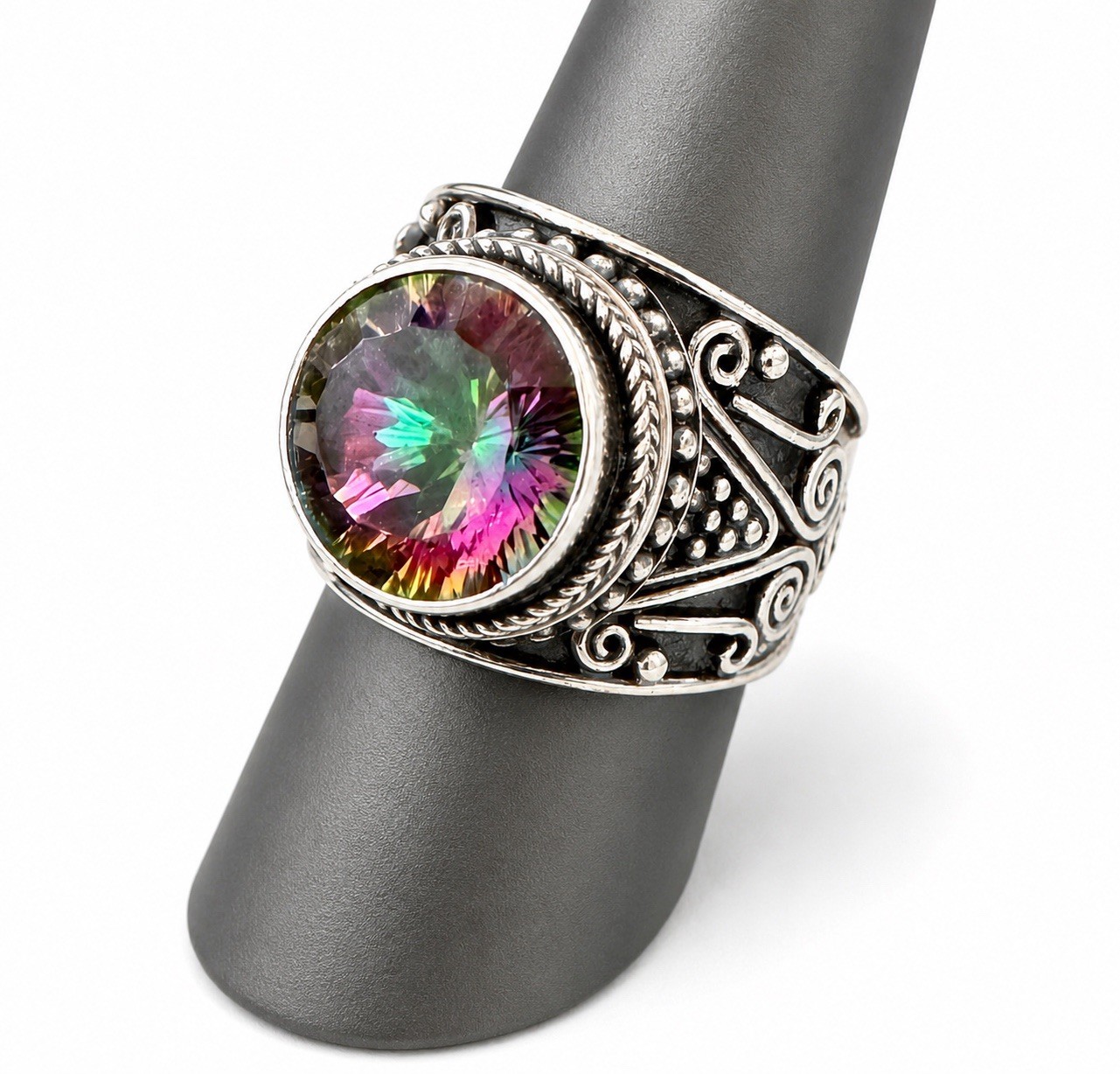 925 Sterling Silver Mystic Topaz Statement Ring Artisan Boho Scroll Size 8