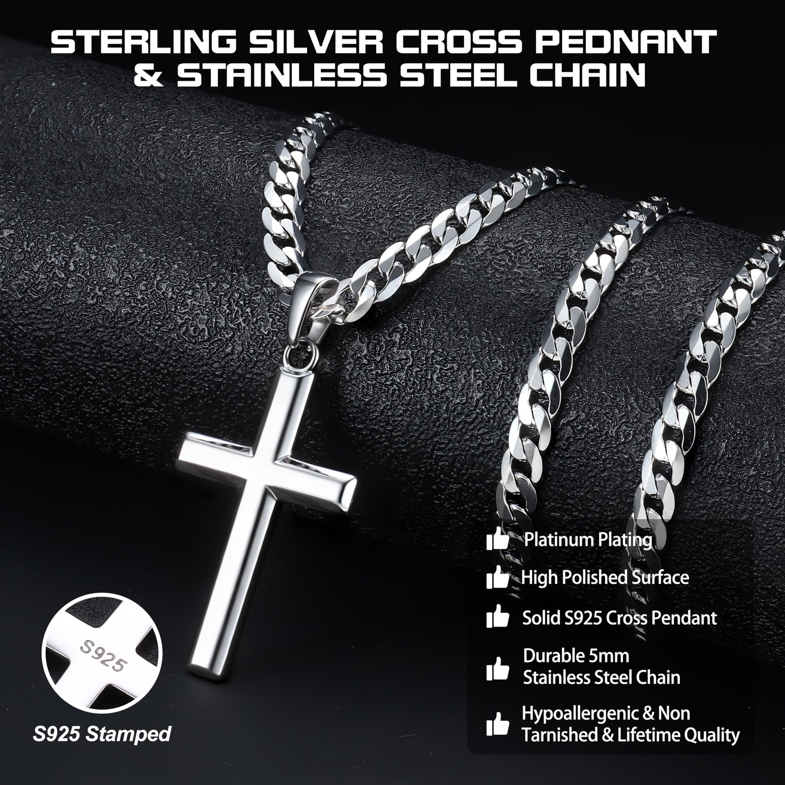22 in=56 cm (Men’s Average Length), 18K White Gold Plated Sterling Silver