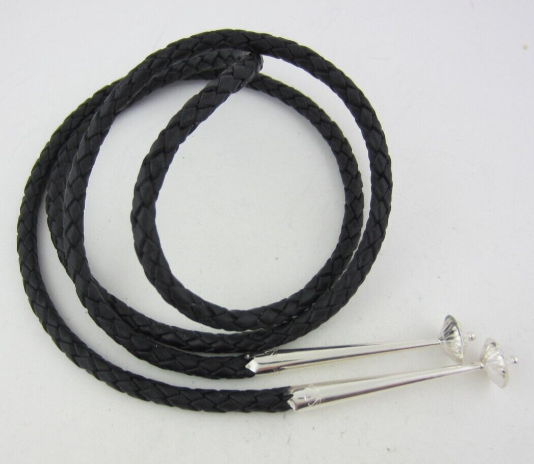 43.5″ Top Quality Black Leather 6 Ply Bolo Tie Cord & Large Sterling Silver Tips