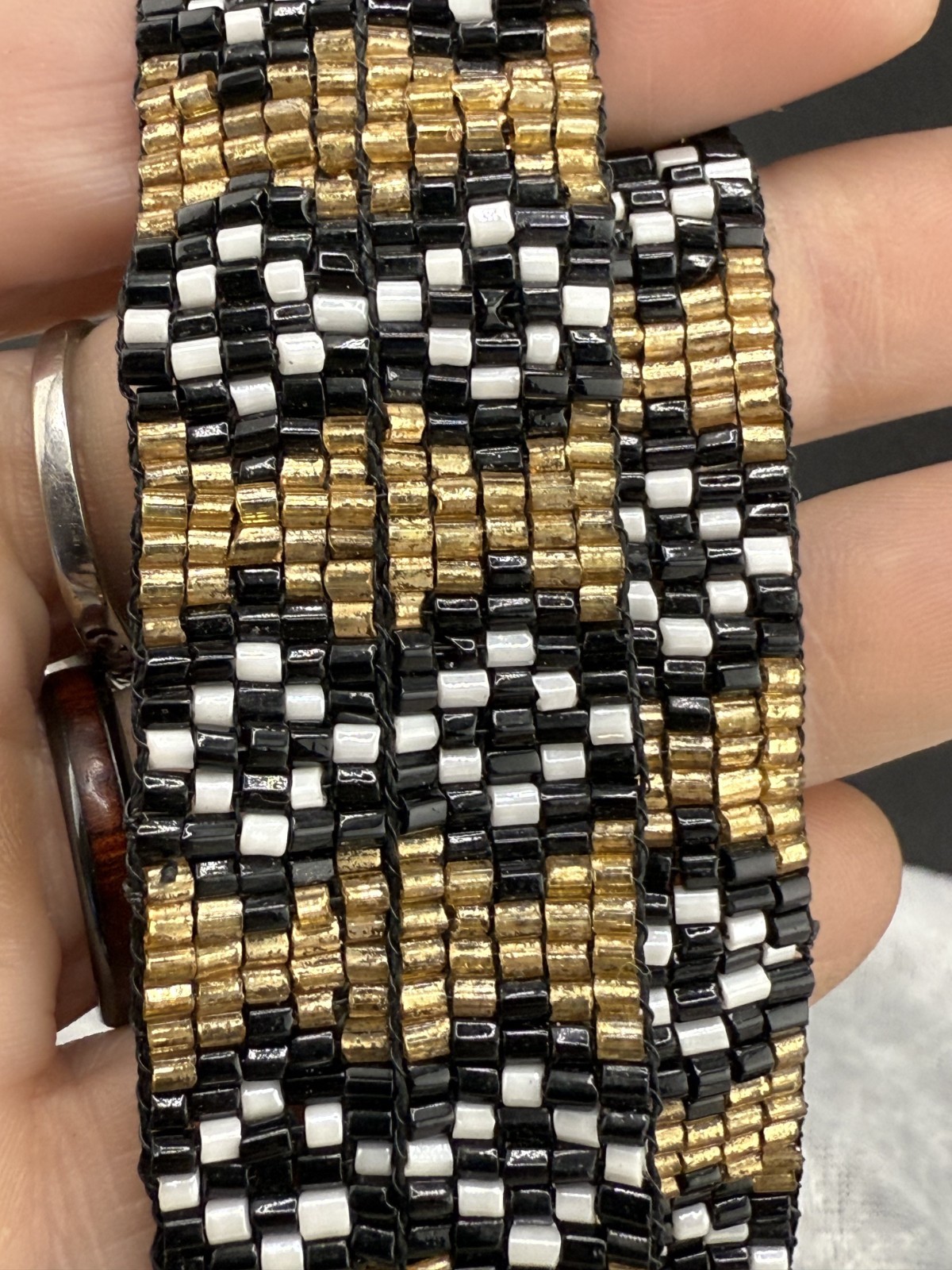 Vintage Southwestern Fringe Beaded Y Tassel Necklace Gold Black White Statement