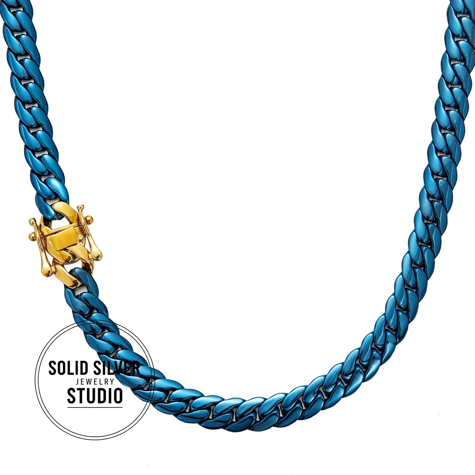 Blue & Gold Cuban Link Necklace or Bracelet Stainless Steel Chain Men’s Gift