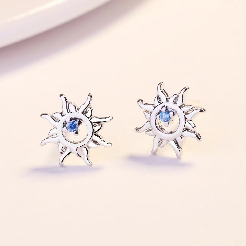 Blue Rhinestone Sun Ear Studs Women’s Fashionable Hollow Earrings Zinc Alloy