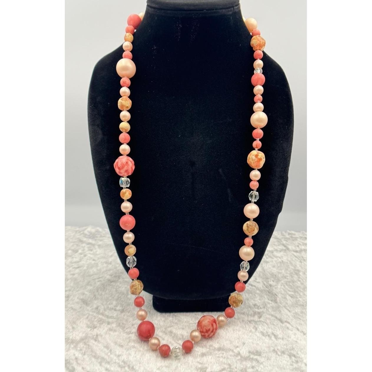 Vintage Bold Pink Mauve Faux Pearl Necklace 24” Beaded Single Strand AB Crystal