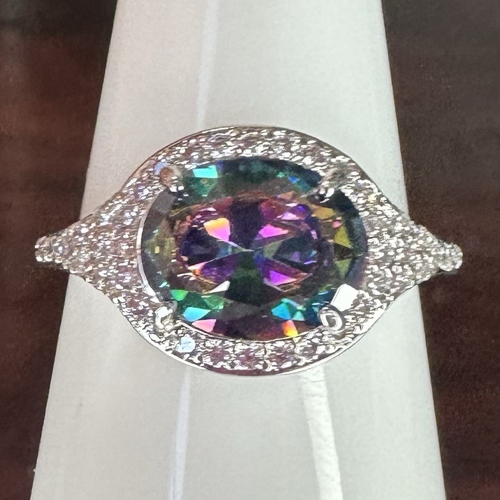 Bomb Party Ring- 6663- Lab Created Rainbow Topaz- Size 8- Rhodium Plated