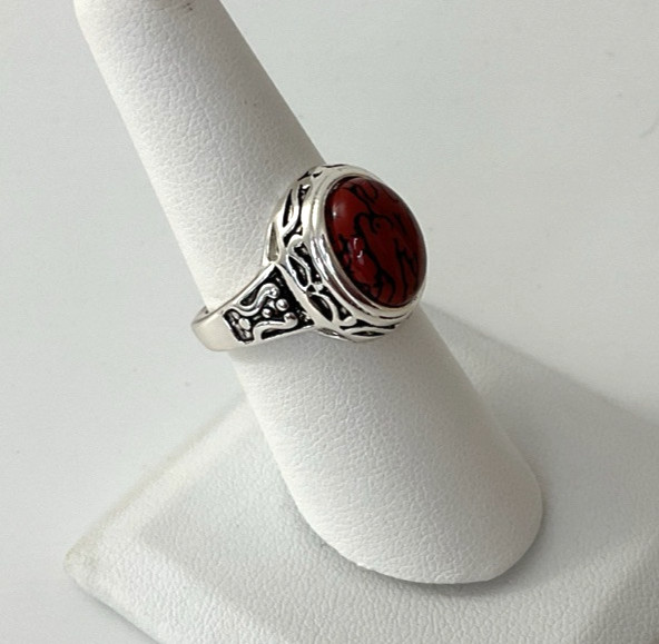 Premier Designs Spice Ring Red Oval Cabochon Size 9 Silver Tone Finish 159