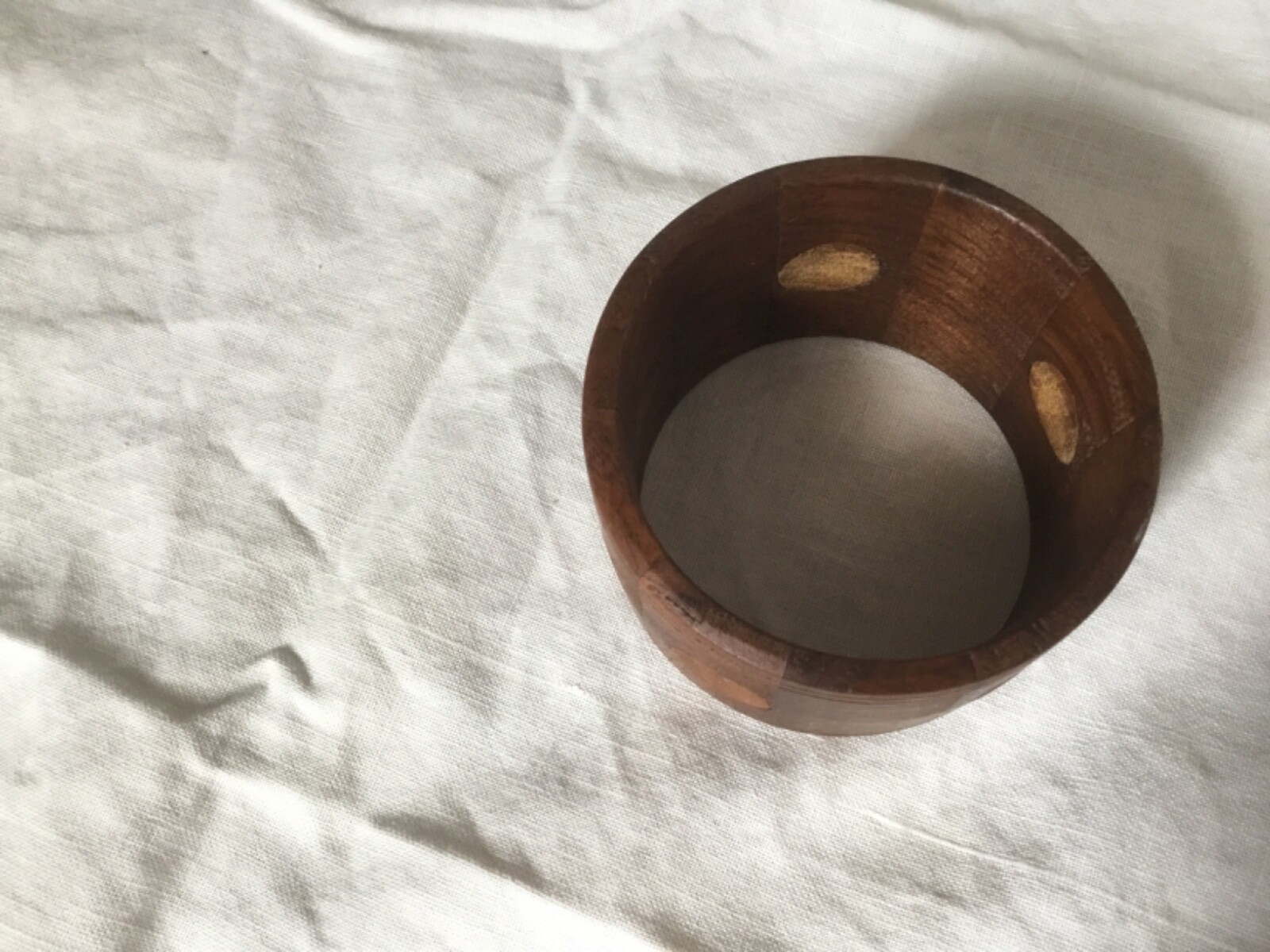 Vtg HANDMADE WOODEN BRACELET Inlaid 1 7/8 “ WALNUT Boho Hippie Chunky