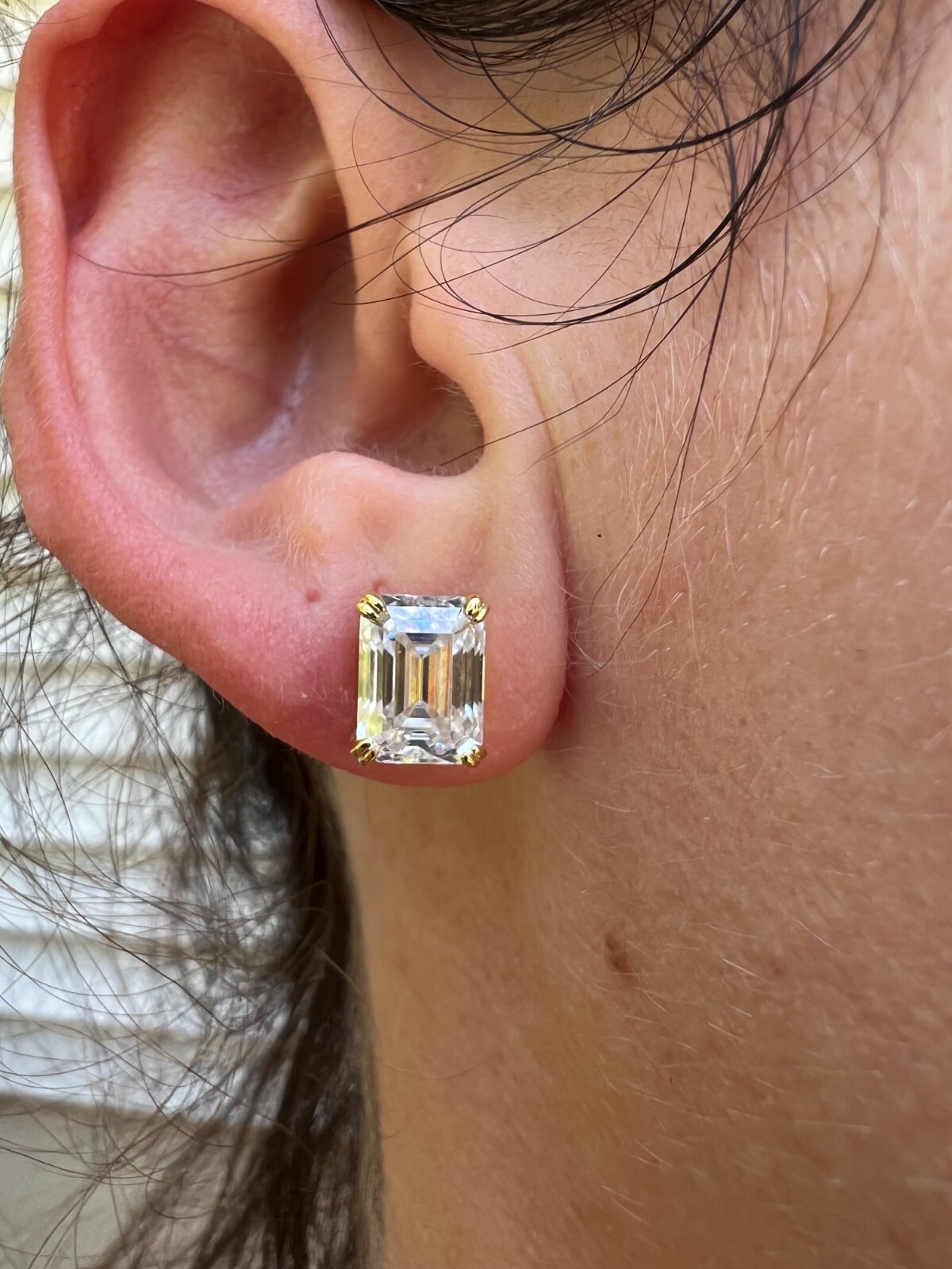 Emerald Cut Real Moissanite Solitaire Stud Earrings 14ct Gold Plated 925 Silver