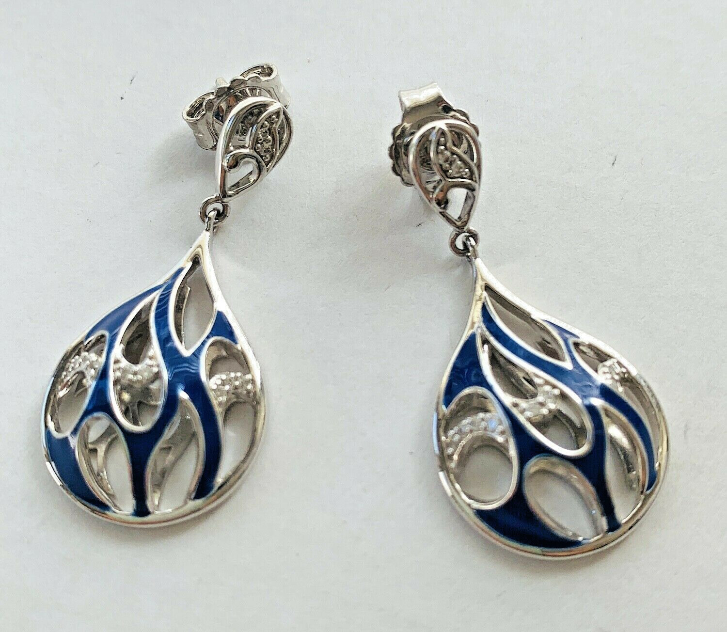 NEW Belle Etoile Blue Enamel Marea Earrings w/ Rhodium Plated Sterling Silver CZ