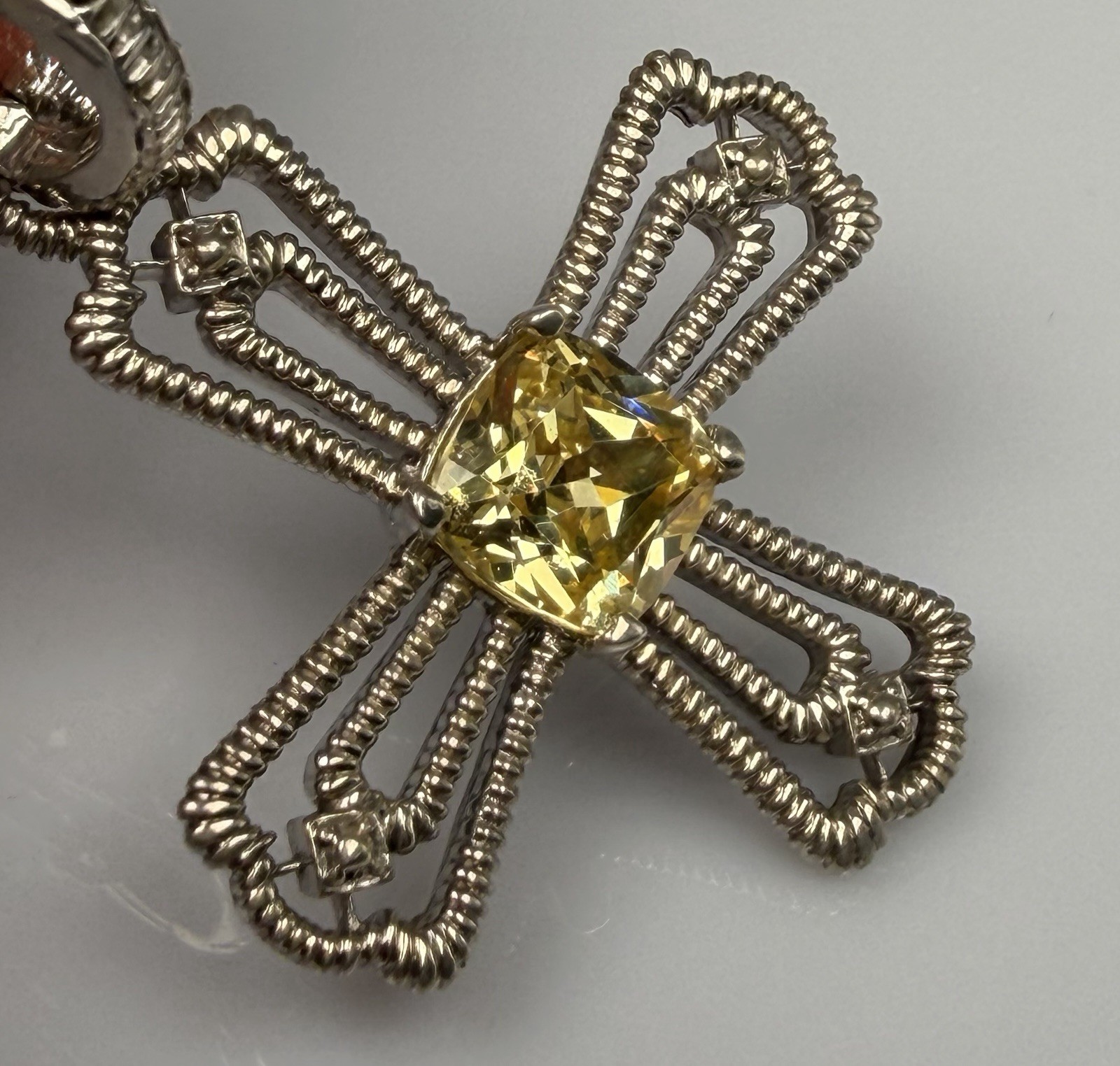 Judith Ripka Sterling Silver Canary Quartz Cross Pendant Station Link Chain