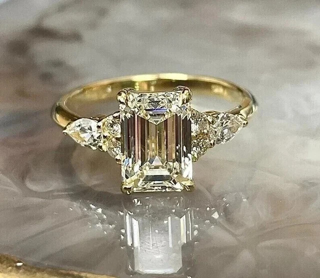 3.20CT Emerald-Cut Moissanite Solitaire Engagement Ring 14K Yellow Gold Plated