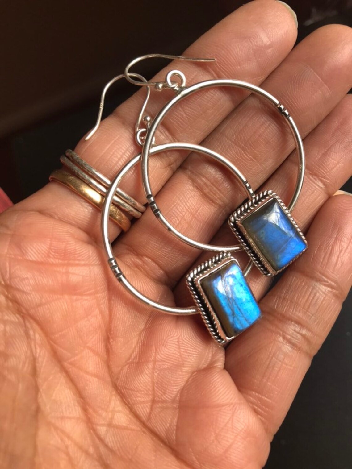 Fire Labradorite Earrings 925 Sterling Silver Hoop Earrings Bridesmaids Earrings