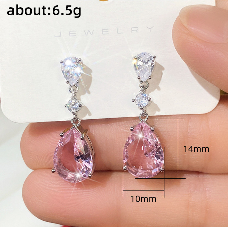 Trendy Flower Water Drop Pave Pear Pink Cubic Zirconia Dangle Drop Stud Earrings