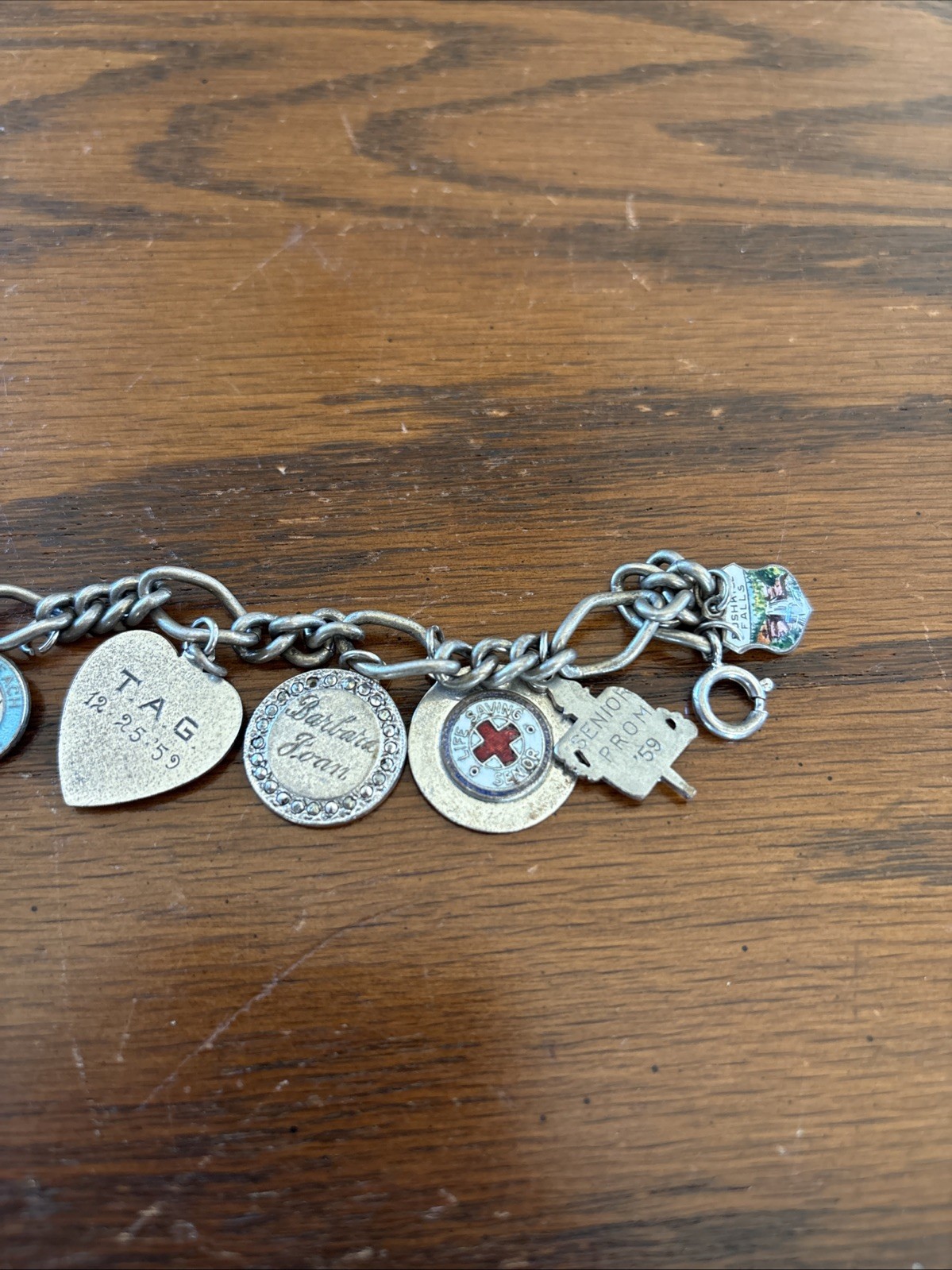 Vtg 50s 60s Sterling Silver Multi Charm Bracelet Red Cross Hearts More