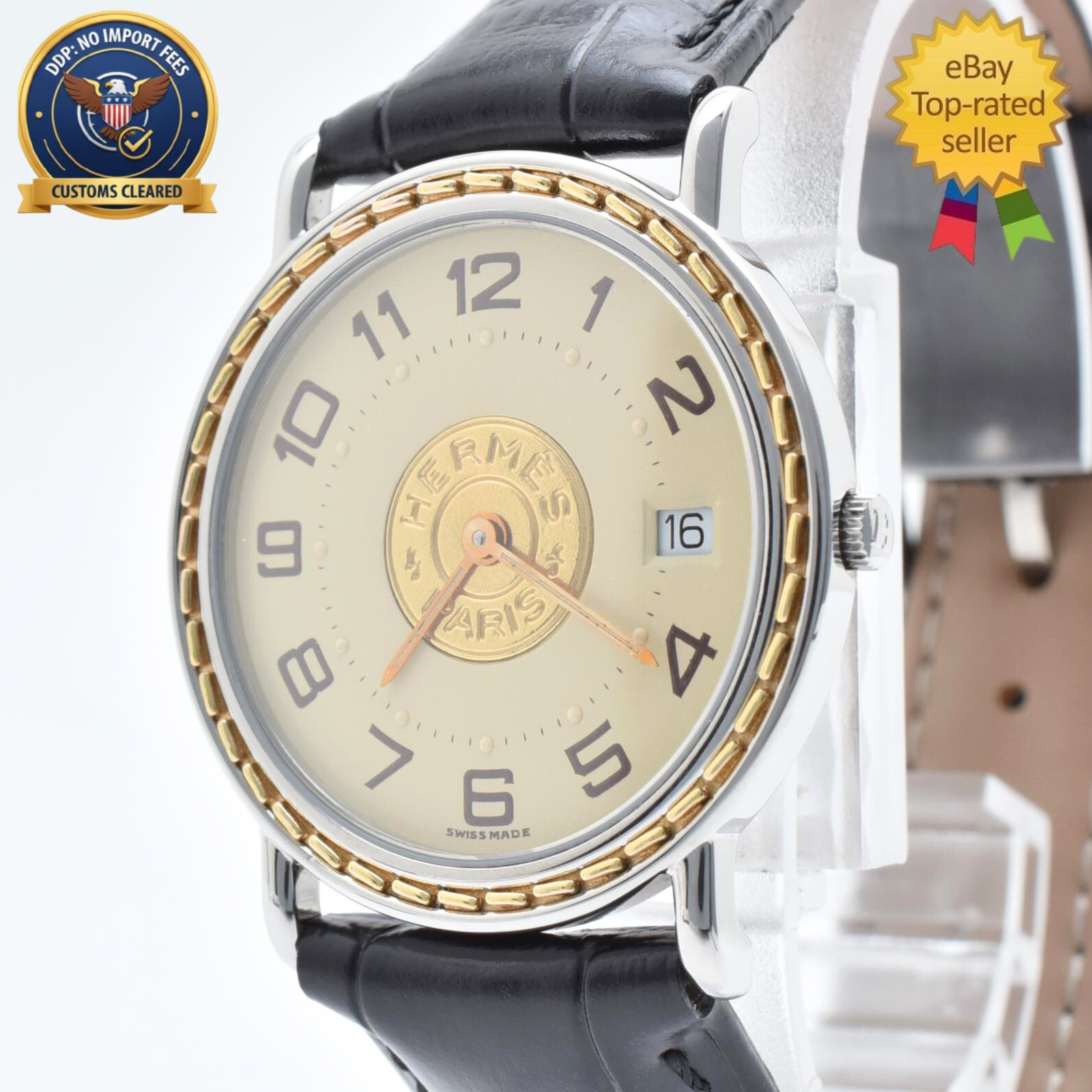 [N MINT] HERMES Serie 32mm Ivory Dial Date Vintage Quartz Men’s Watch From JAPAN
