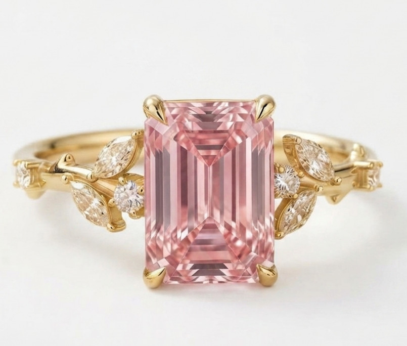 RARE 4.40 Ct Certified Emerald Cut Pink Natural Diamond Ring Yellow Gold Finish