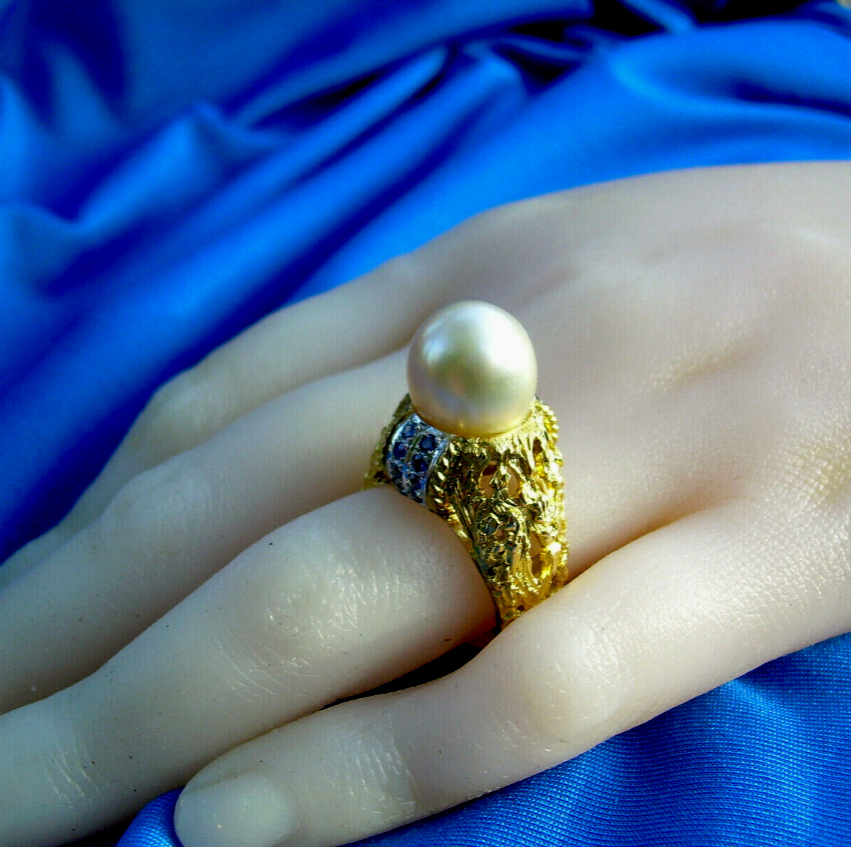 Original Pearl Sapphire Engagement Statement Ring Deco Cocktail Style 14K GOLD