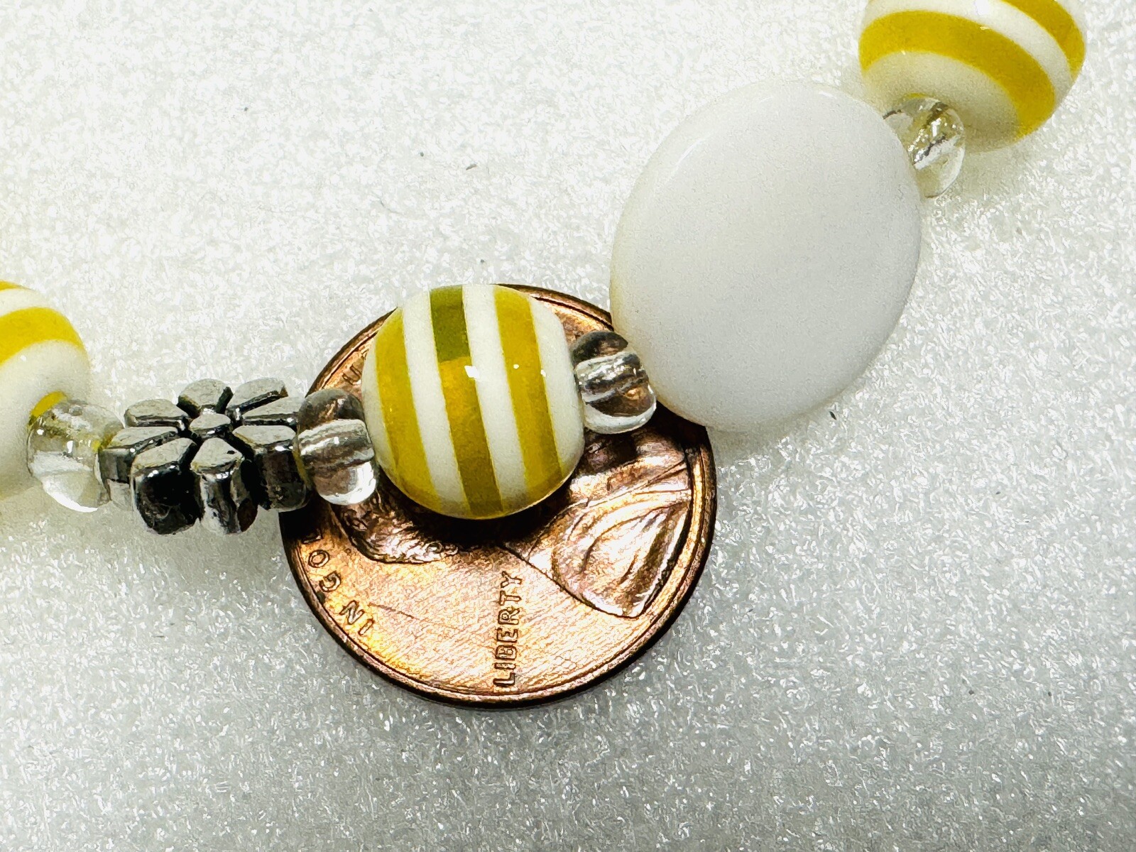 Acrylic Lucite Stripe Beads Silver Flower Necklace White Yellow Spring Handmade