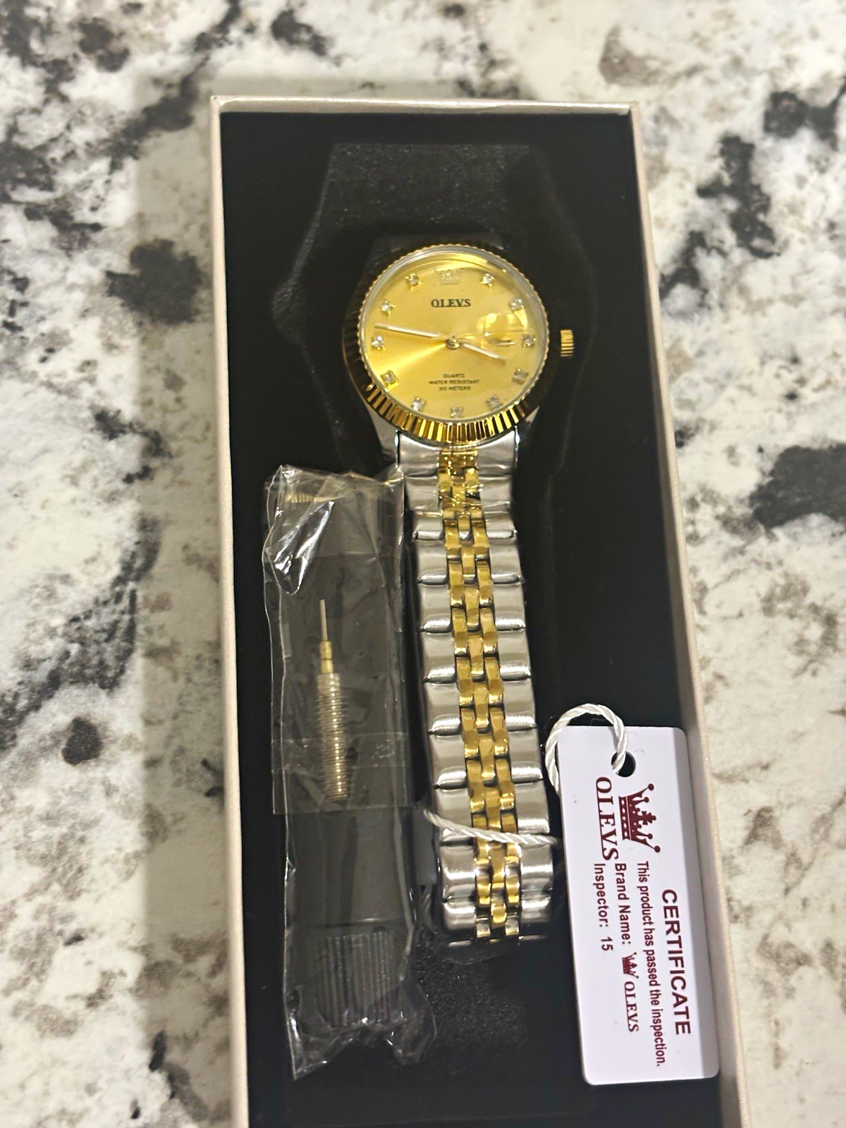 OLEVS Quartz Analog Gold Dial Stick Date Two-Tone SS Bracelet 30m 40-43.9mm Box