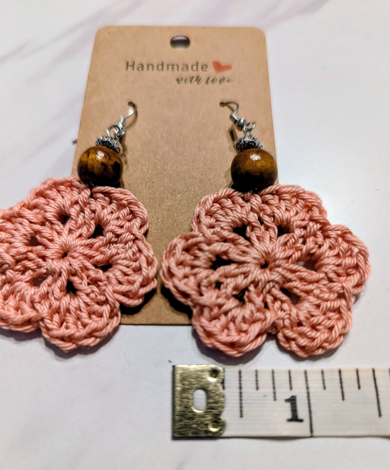 Handcrafted Pink Crochet Flower Dangle Earrings Lightweight & Beautiful 1&1/2 In