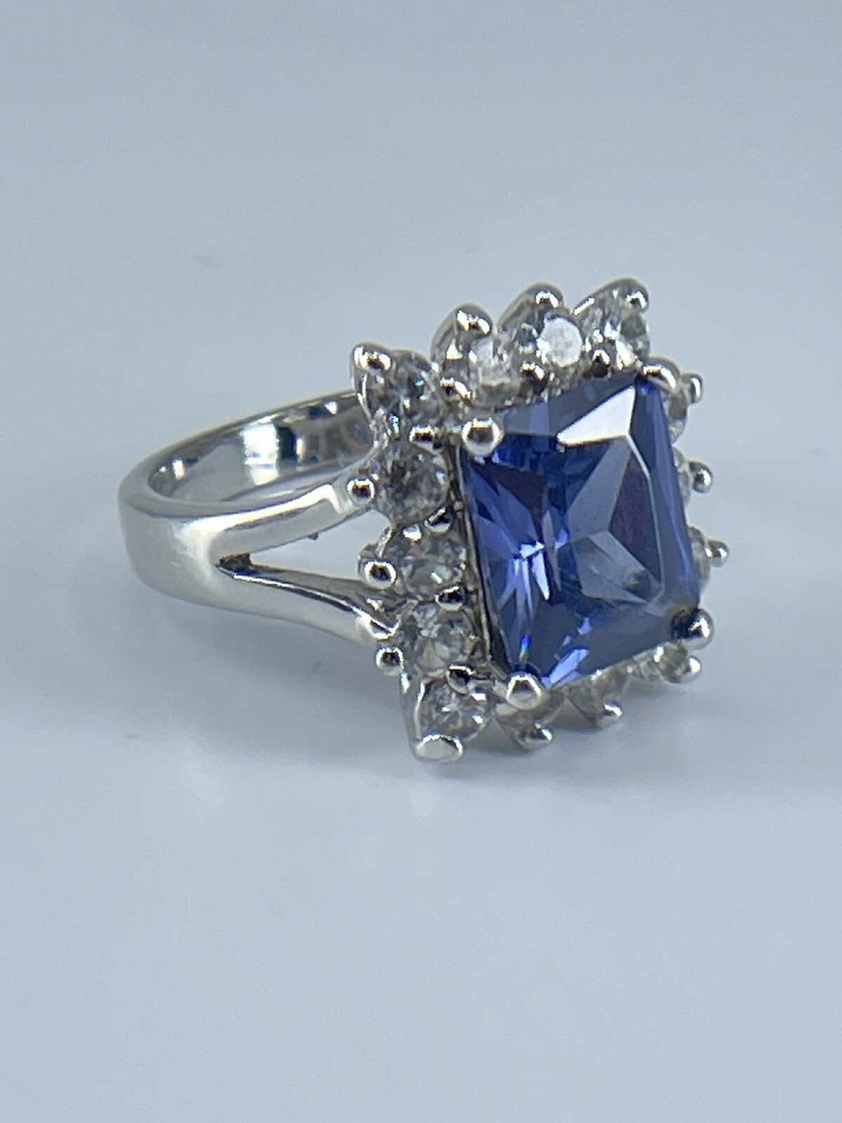Ring ADI 925 sterling silver square blue amethyst small white rhinestones size 7