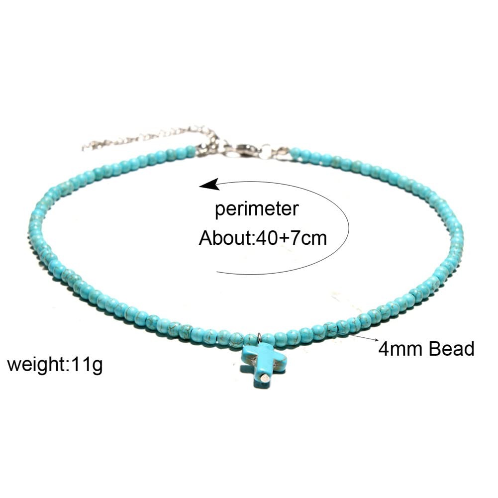 Small Dainty Cross Necklace Pendant Bohemian Turquoise Seed Bead Beaded Necklace