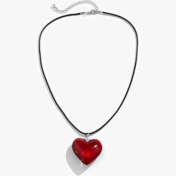 Red Glass Heart Pendant Necklace Black Cord Chain Adjustable Lobster Closure